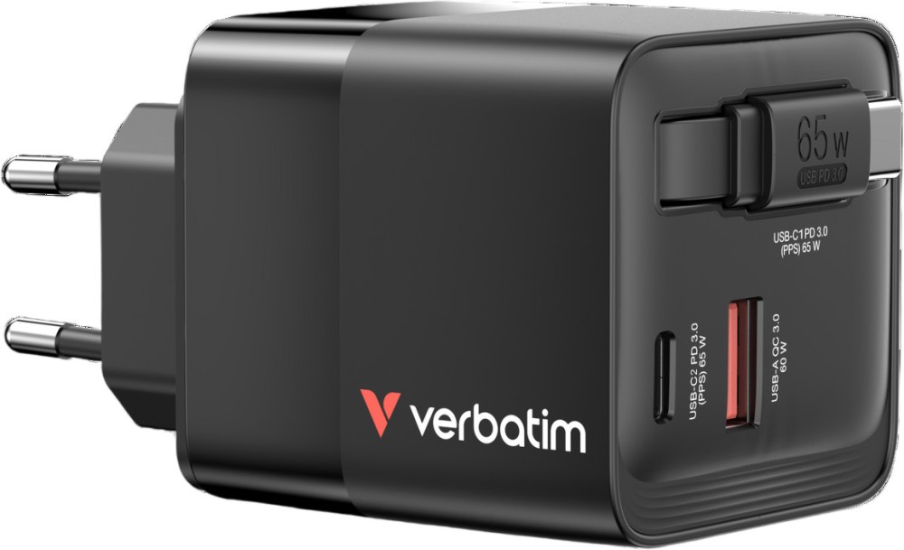Зарядно устройство Verbatim Mini GaN Зарядно устройство Verbatim Mini GaN - 65 W, USB-C female, USB-A female, с вграден кабел -