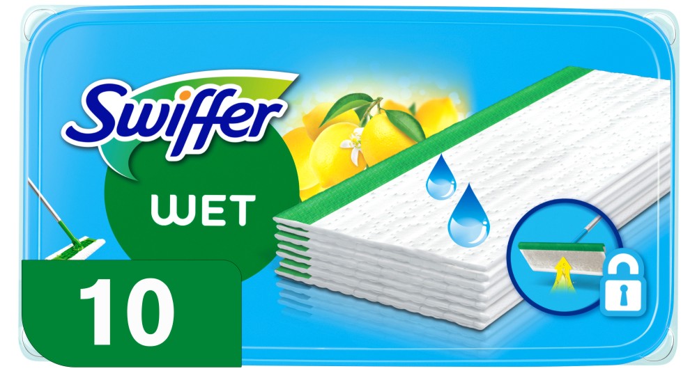 Подложки за мокро почистване на под Swiffer Подложки за мокро почистване на под Swiffer - 10 или 20 броя, с аромат на лимон - продукт