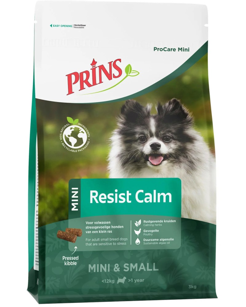 Натурална студено пресована суха храна за кучета изложени на стрес Prins Resist Calm Натурална студено пресована суха храна за кучета изложени на стрес Prins Resist Calm - 3 ÷ 12 kg, с пилешко, пуешко и билки, от серията ProCare Mini, в зряла възраст - храна