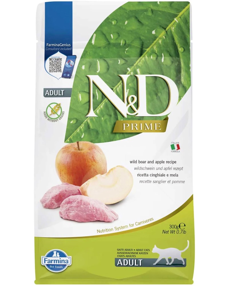 Суха храна за котки N&D Adult Суха храна за котки N&D Adult - 0.3 ÷ 5 kg, с глиганско и ябълка, от серията Prime, в зряла възраст - храна