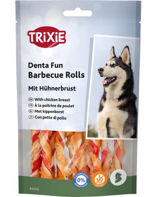 Дентални пръчици за кучета Trixie Barbecue Rolls Дентални пръчици за кучета Trixie Barbecue Rolls - 80 g, с пилешки гърди, от серията Denta Fun - храна