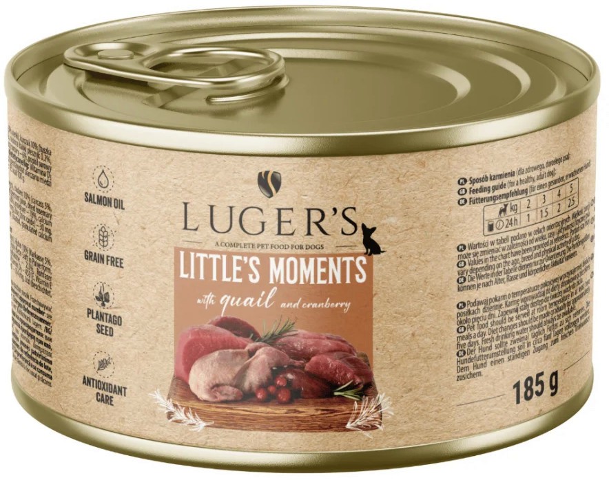 Консерви за кучета Luger's Консерви за кучета Luger's - 6 x 185 и 6 х 400 g, с пъдпъдъче и червени боровинки, от серията Little's Moments, за дребни породи, в зряла възраст - храна