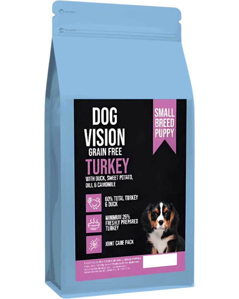Суха храна за кучета за здрава кожа и красива козина DOG VISION Grain Free Puppy Small Суха храна за кучета за здрава кожа и красива козина DOG VISION Grain Free Puppy Small - 2 и 6 kg, с пуешко, патешко, сладък картоф, копър и лайка, от 0 до 12 месеца, за дребни породи - храна