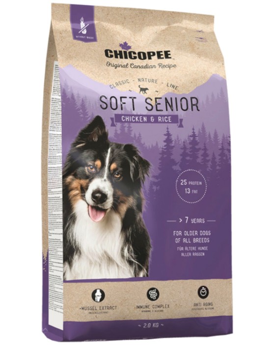 Полувлажна храна за кучета CHICOPEE Soft Senior Полувлажна храна за кучета CHICOPEE Soft Senior - 2 и 15 kg, с пилешко месо и ориз, от серията Classic Nature Line, за над 7 години - храна
