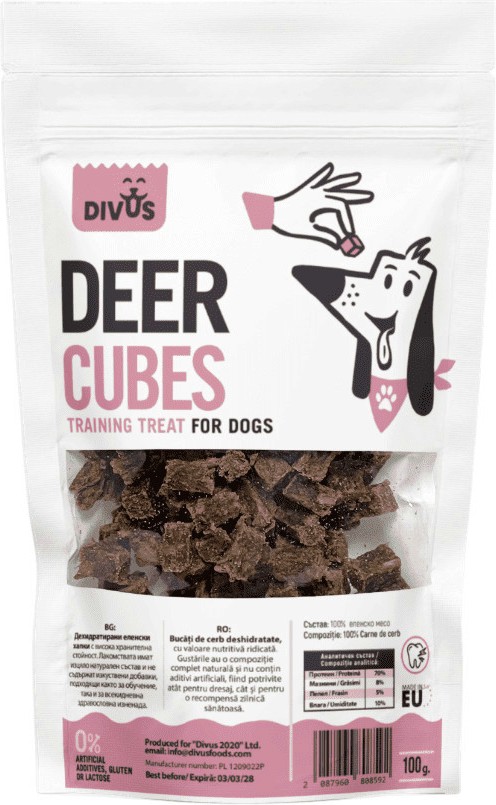 Натурални тренировъчни лакомства за кучета Divus Cubes Натурални тренировъчни лакомства за кучета Divus Cubes - 100 g, от дехидратирано еленско, за всички породи - храна