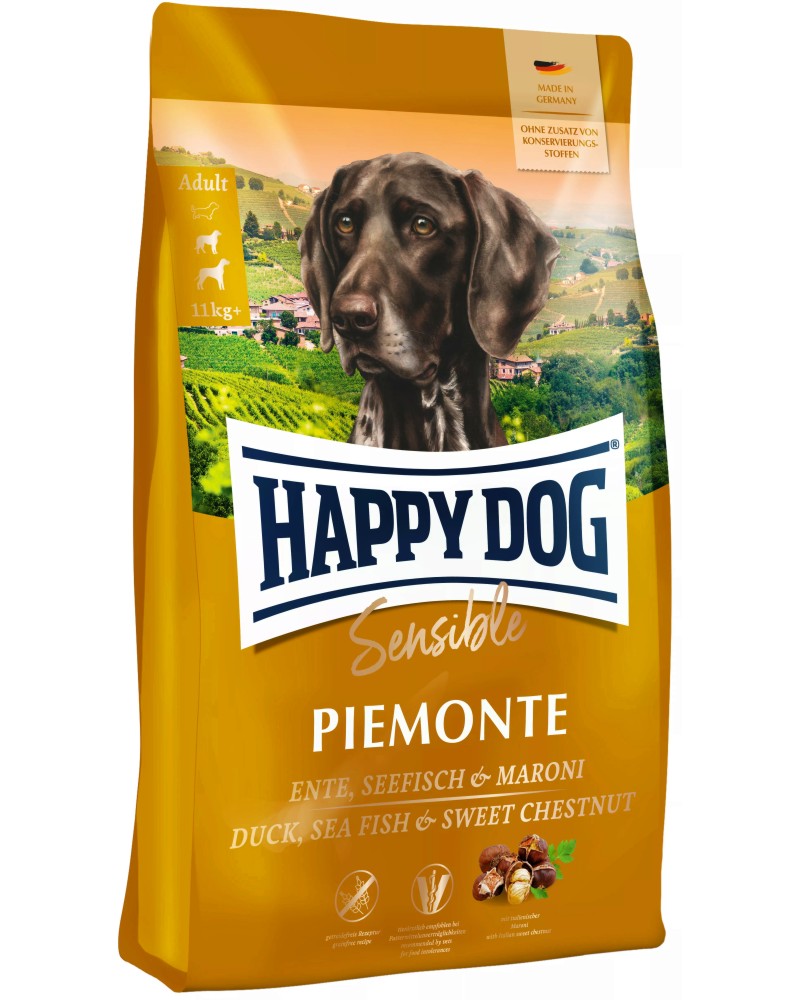 Суха храна за кучета с чувствително храносмилане Happy Dog Piemonte Adult Суха храна за кучета с чувствително храносмилане Happy Dog Piemonte Adult - 1 ÷ 10 kg, с патешко, риба и сладък кестен, от серията Sensible, в зряла възраст, 11+ kg - храна