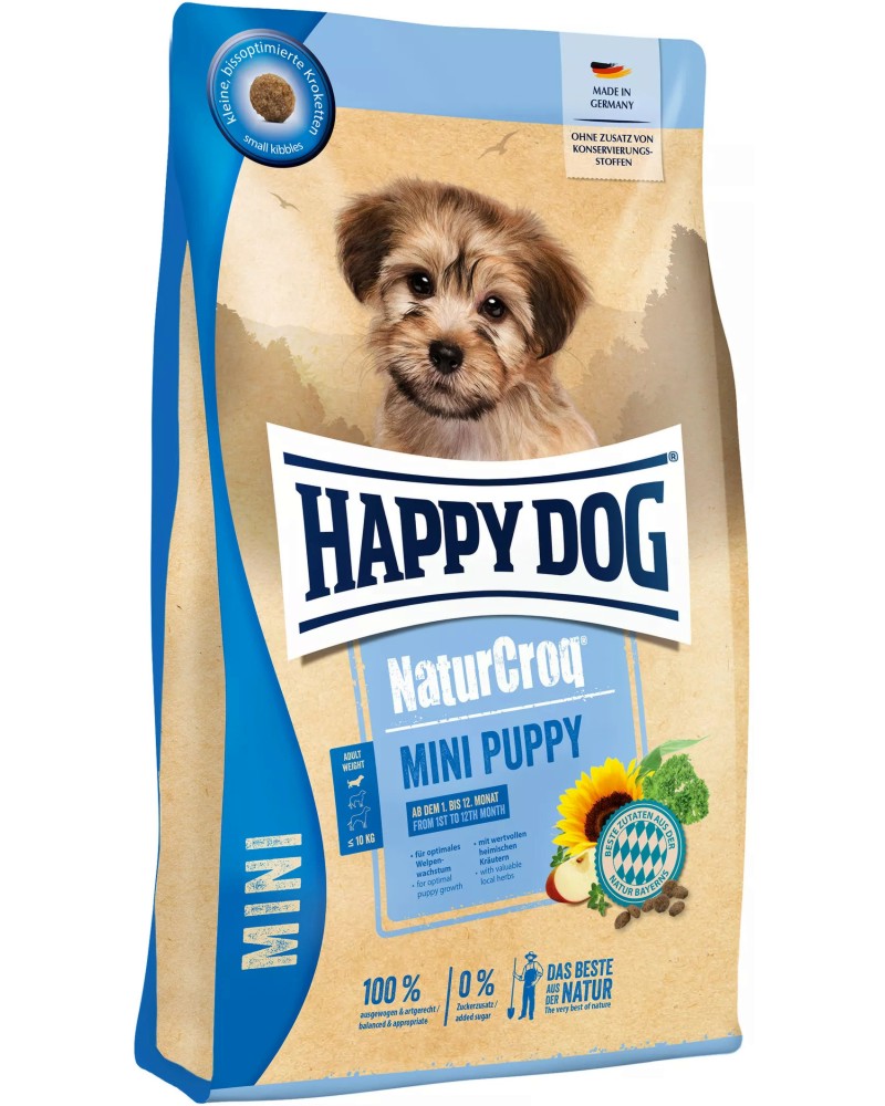 Суха храна за кучета Happy Dog NaturCroq Mini Puppy Суха храна за кучета Happy Dog NaturCroq Mini Puppy - 4 kg, от серията Young, от 1 до 12 месеца, до 10 kg - храна