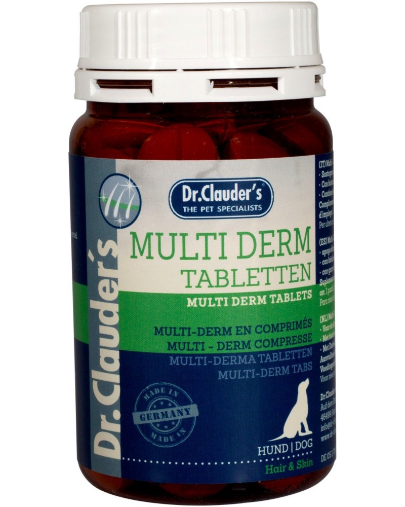 Хранителна добавка за кучета за лъскава козина и здрава кожа Dr.Clauder's Multi Derm Hair & Skin Хранителна добавка за кучета за лъскава козина и здрава кожа Dr.Clauder's Multi Derm Hair & Skin - 90 таблетки - продукт