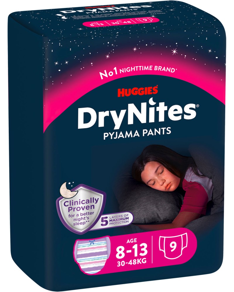 Гащи Huggies DryNites Pyjama Pants Girl 8-13 Гащи Huggies DryNites Pyjama Pants Girl 8-13 - 9 броя, за деца 30-48 kg - продукт