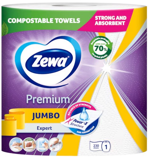 Трипластова кухненска хартия Zewa Premium Jumbo Expert Трипластова кухненска хартия Zewa Premium Jumbo Expert - 1 ролка x 230 къса - продукт