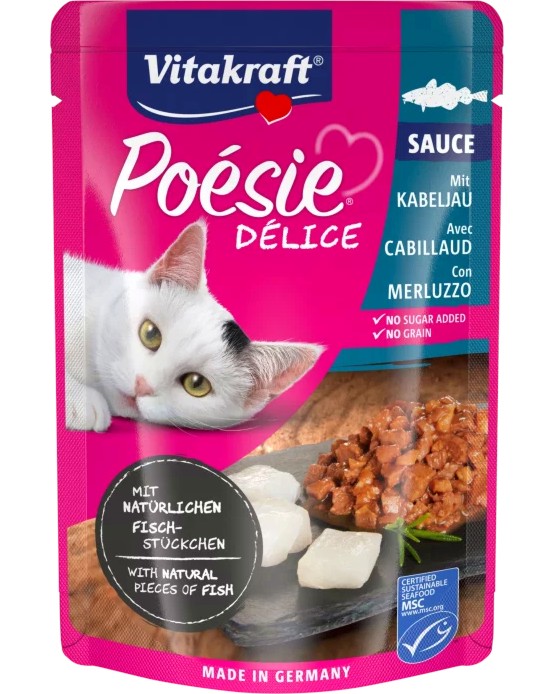 Пауч за котки Vitakraft Delice Пауч за котки Vitakraft Delice - 85 g, с атлантическа треска, от серията Poesie - храна