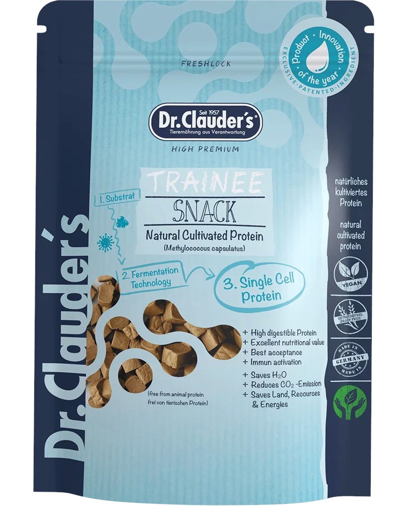 Веган лакомства за кучета и котки Dr.Clauder's Веган лакомства за кучета и котки Dr.Clauder's - 80 g, с култивиран протеин, от серията Trainee Snack - храна