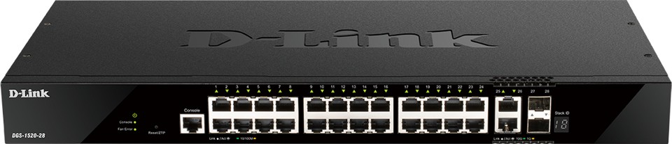 Суич D-Link DGS-1520-28 Суич D-Link DGS-1520-28 - 24 x 10/100/1000Base-T, 2 x 10GBase-T, 2 x 10G SFP+, 128 Gbps -