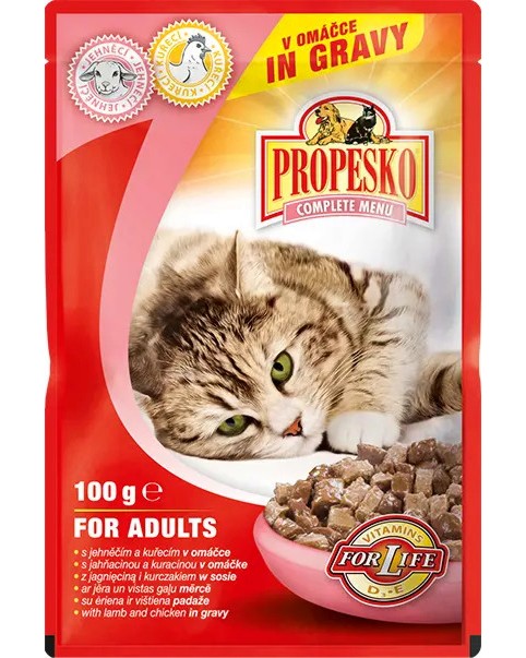 Пауч за котки PROPESKO Пауч за котки PROPESKO - 100 и 24 x 100 g, с агнешко и пилешко в сос - храна