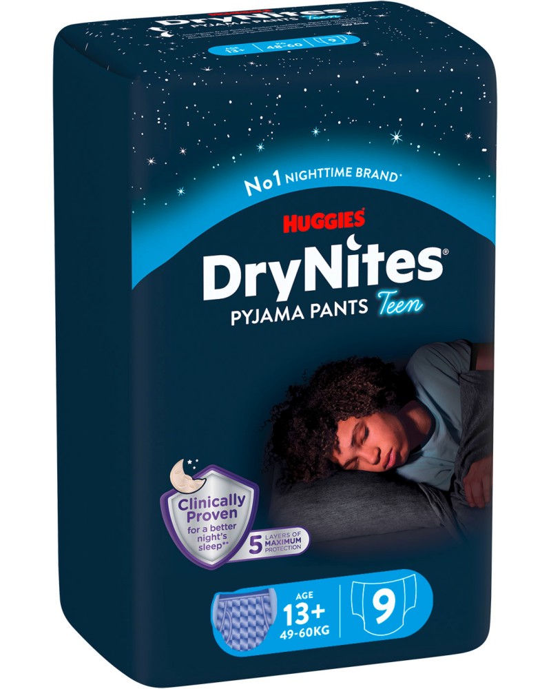 Гащи Huggies DryNites Pyjama Pants Teens Boys 13+ Гащи Huggies DryNites Pyjama Pants Teens Boys 13+ - 9 броя, за деца 49-60 kg - продукт