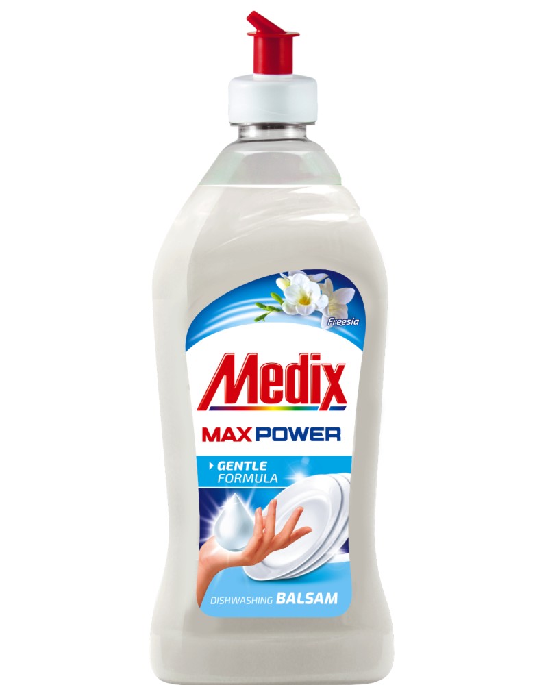 Препарат за съдове Medix Препарат за съдове Medix - 415 и 750 ml, с аромат на фрезия, от серията Max Power - препарат за съдове