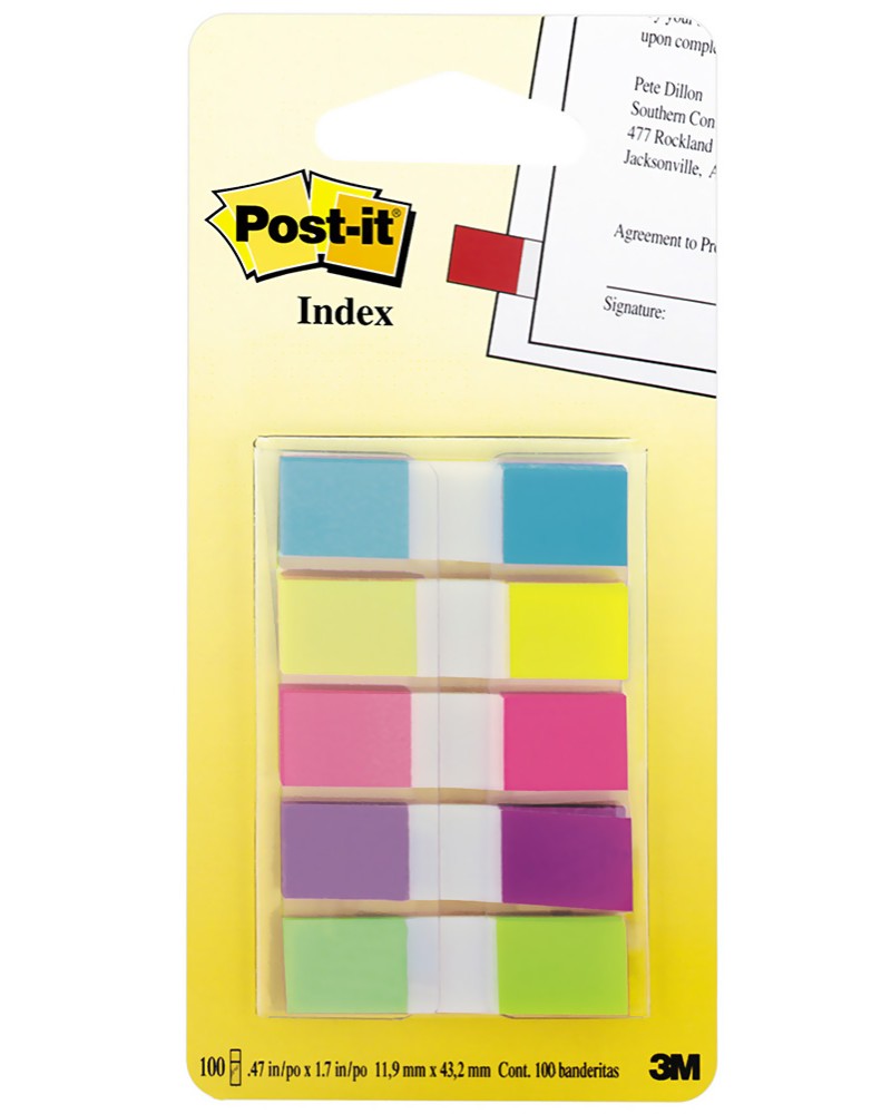 Самозалепващи цветни индекси Post-it Самозалепващи цветни индекси Post-it - 5 цвята с размери 1.2 x 4.3 cm -
