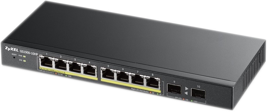 Суич ZyXEL GS1900-10HP v2 Суич ZyXEL GS1900-10HP v2 - 8 порта, 2 SFP порта, 1000 Mbps -