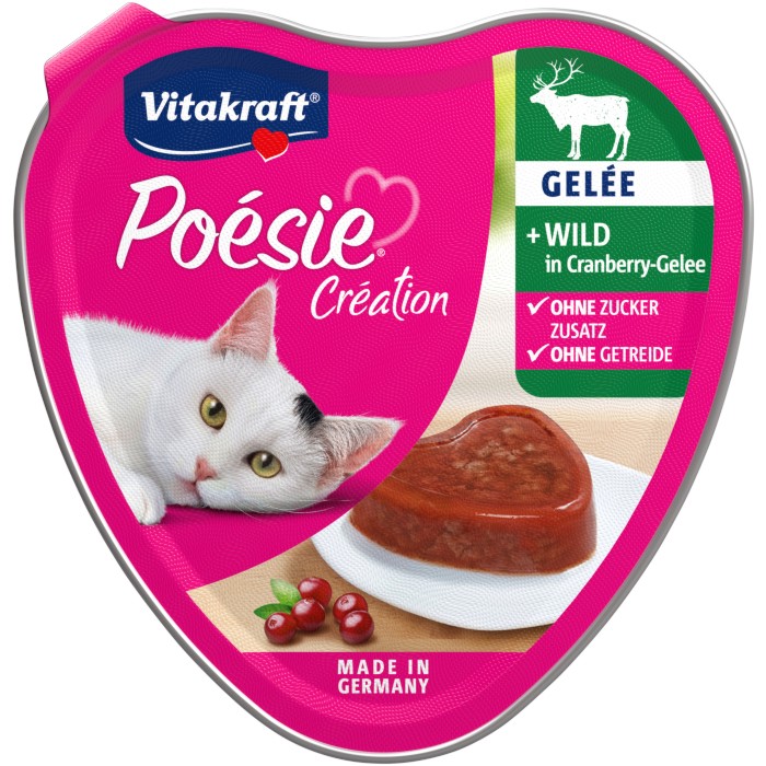 Хапки в желе за котки Vitakraft Creation Хапки в желе за котки Vitakraft Creation - 85 g, с дивеч в желиран бульон от червена боровинка, от серията Poesie - храна