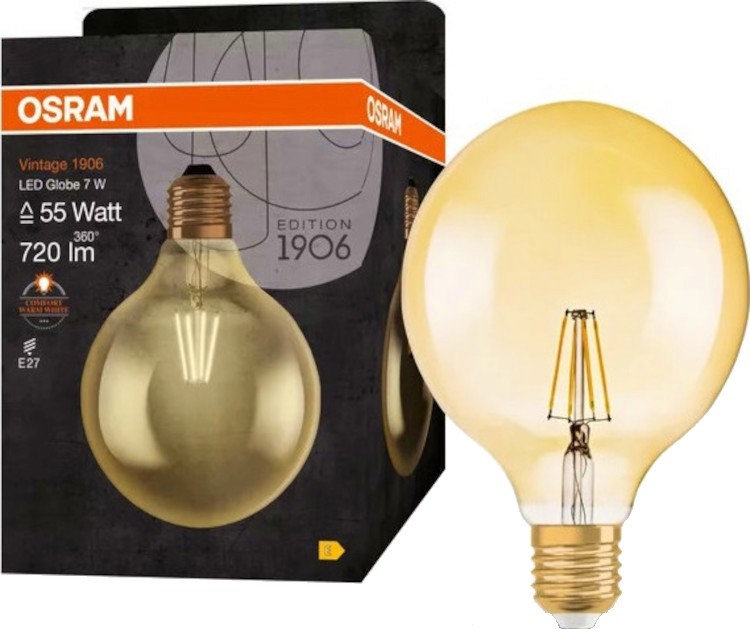 LED крушка Osram LED CL GLOBE125 GOLD52 824 E27 6.5 W 2400K LED крушка Osram LED CL GLOBE125 GOLD52 824 E27 6.5 W 2400K - 720 lm от серията Vintage 1906 -