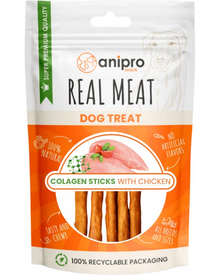 Натурални лакомства за кучета anipro Colagen Sticks Натурални лакомства за кучета anipro Colagen Sticks - 80 g и 1 kg, колагенови пръчици с пилешко, от серията Real Meat, за 4+ месеца - храна