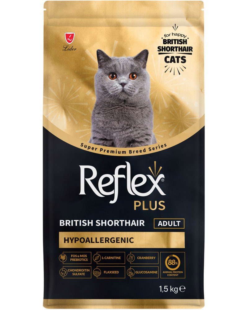 Хипоалергенна суха храна за британски късокосмести котки Reflex Plus British Shorthair Adult Хипоалергенна суха храна за британски късокосмести котки Reflex Plus British Shorthair Adult - 1.5 kg, за над 1 година - храна