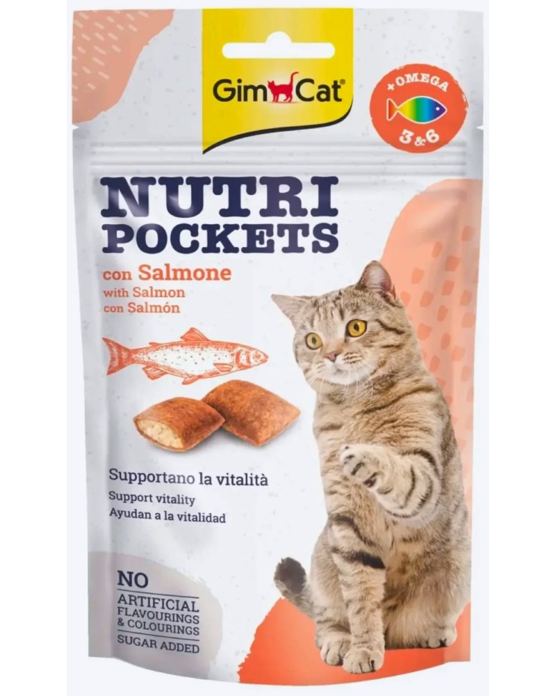 Лакомства за котки GimCat Nutri Pockets Лакомства за котки GimCat Nutri Pockets - 60 g, със сьомга и Омега 3 и 6 - храна