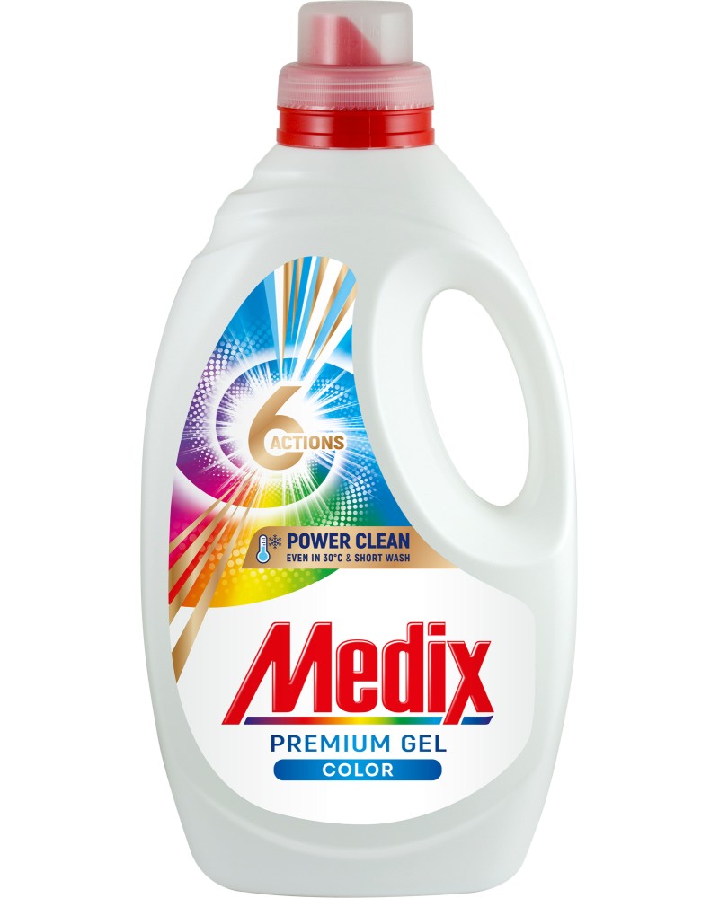 Течен перилен препарат Medix Premium Gel Color Течен перилен препарат Medix Premium Gel Color - 1.080 ÷ 2.720 l, за цветни тъкани - перилен препарат