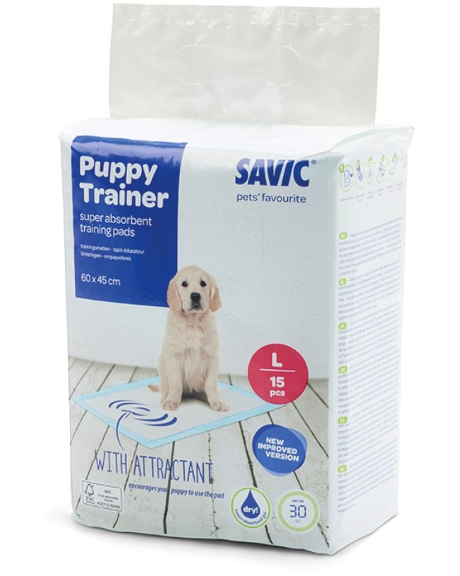 Хигиенни постелки за кучета Savic Puppy Trainer Pads L Хигиенни постелки за кучета Savic Puppy Trainer Pads L - 15 ÷ 100 броя, 45 x 60 cm - продукт