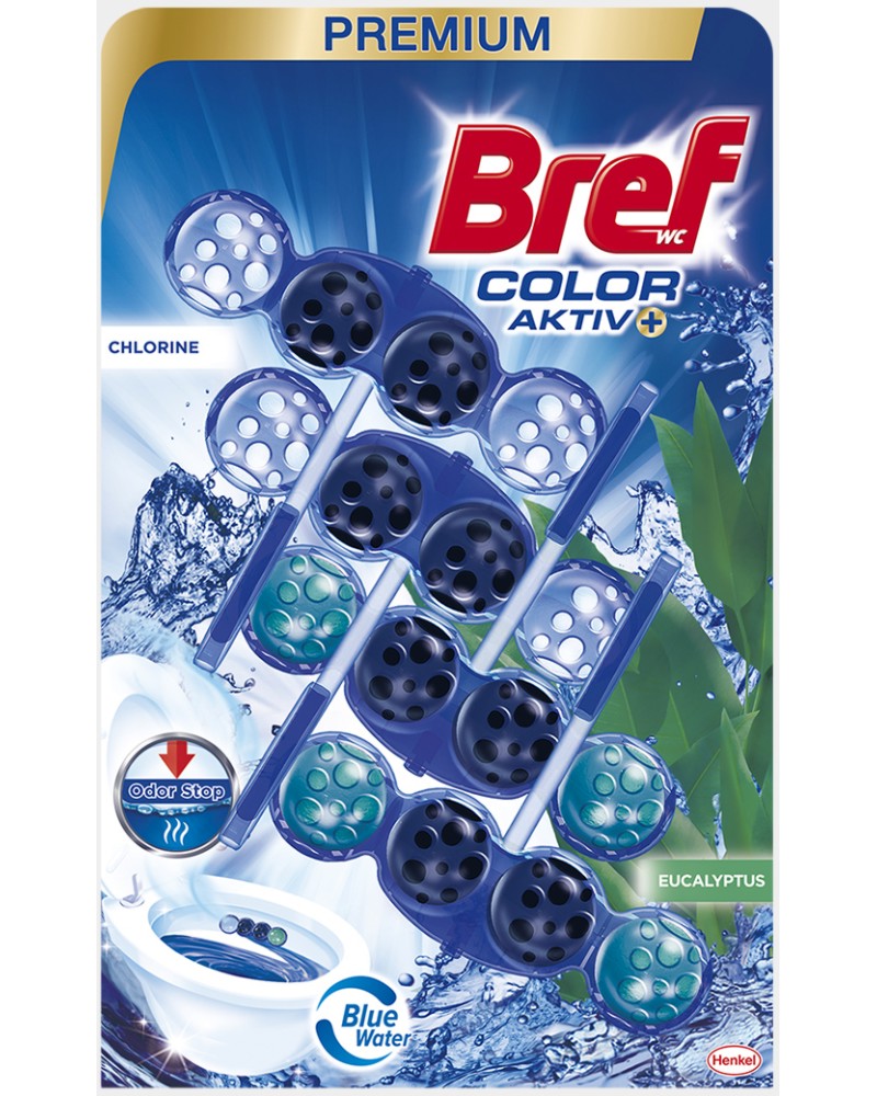 Тоалетно блокче Bref Color Aktiv+ Тоалетно блокче Bref Color Aktiv+ - 4 броя, с хлор и аромат на евкалипт - продукт