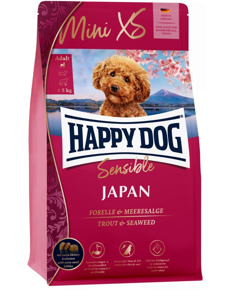 Суха храна за кучета с чувствително храносмилане Happy Dog Mini XS Japan Adult Суха храна за кучета с чувствително храносмилане Happy Dog Mini XS Japan Adult - 0.3 и 1.3 kg, с пъстърва и морски водорасли, от серията Sensible, в зряла възраст, до 5 kg - храна