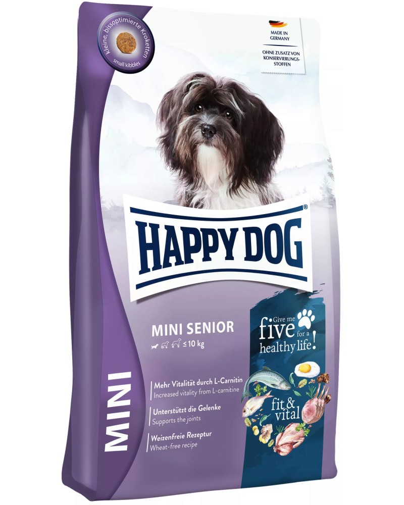 Суха храна за кучета Happy Dog Mini Senior Суха храна за кучета Happy Dog Mini Senior - 0.8 ÷ 4 kg, от серията Fit and Vital, в напреднала възраст, до 10 kg - храна
