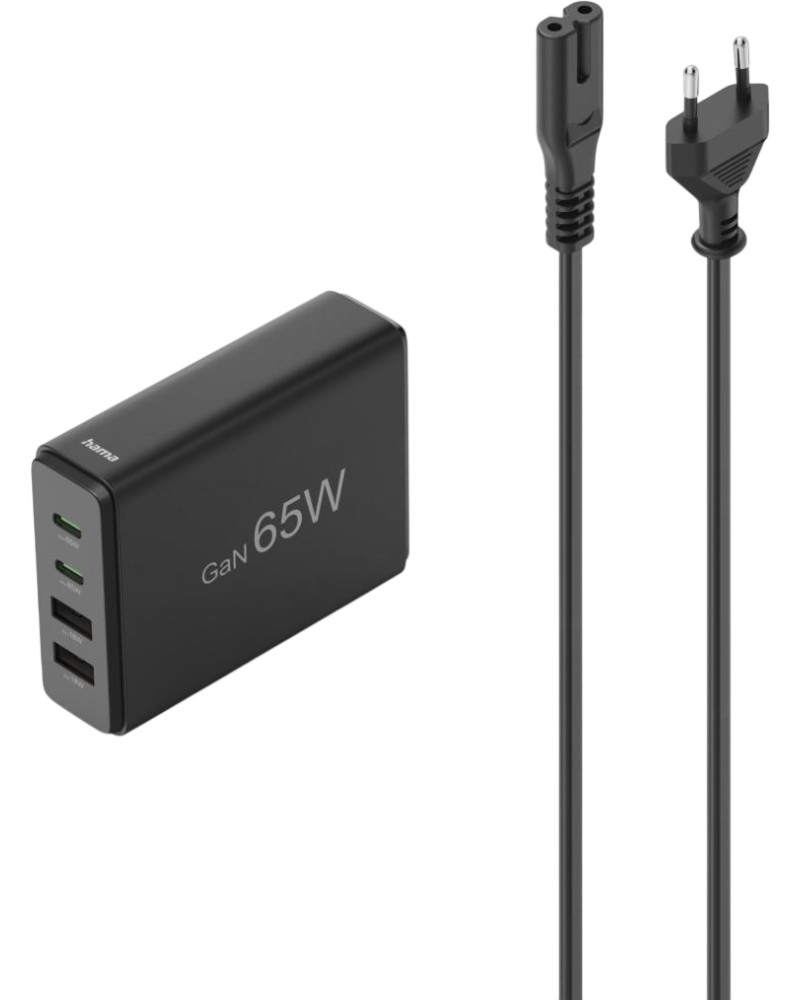 Зарядна станция Hama Fast Charger Зарядна станция Hama Fast Charger - 65 W, 2 x USB-C, 2 x USB-A, Qualcomm Quick Charge 3.0 -