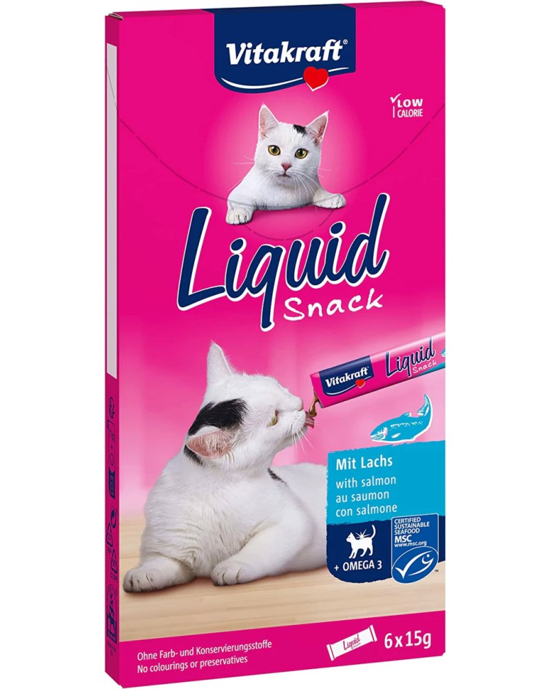 Кремообразни лакомства за котки Vitakraft Liquid Snack Кремообразни лакомства за котки Vitakraft Liquid Snack - 6 x 15 g, със сьомга и Омега 3, за над 3 месеца - храна
