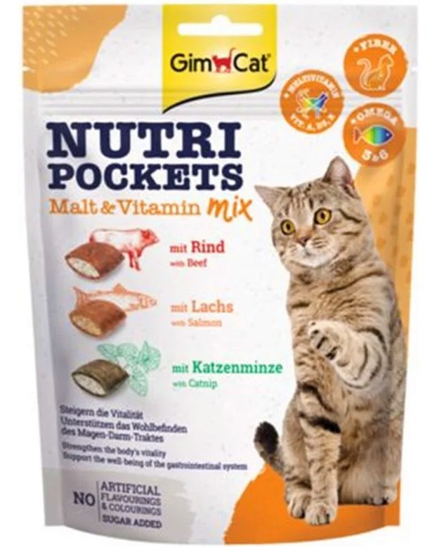 Лакомства за котки GimCat Nutri Pockets Malt & Vitamin Mix Лакомства за котки GimCat Nutri Pockets Malt & Vitamin Mix - 150 g, с говеждо, сьомга, котешка трева, фибри, Омега 3 и 6 - храна