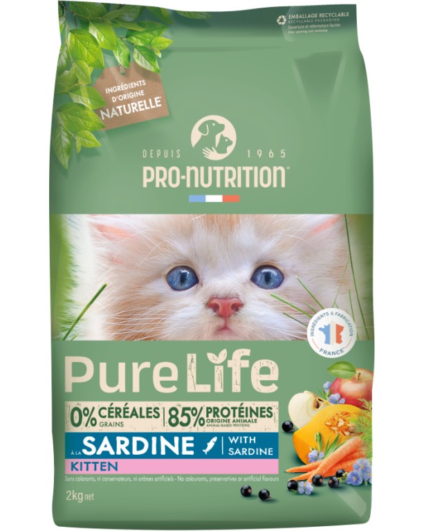 Суха храна за котки Pro-Nutrition Kitten Суха храна за котки Pro-Nutrition Kitten - 2 и 8 kg, със сардини, от серията Pure Life Cat, до 1 година - храна