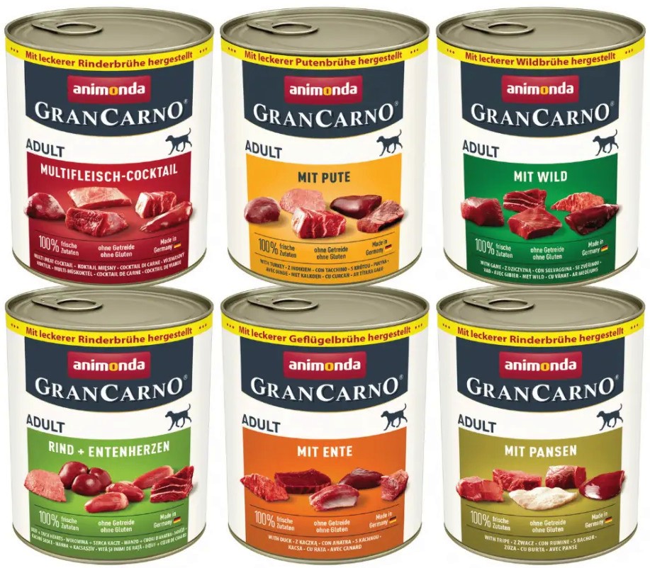 Микс консерви за кучета GranCarno Adult Микс консерви за кучета GranCarno Adult - 6 x 800 g, с мултикоктейл, пуешко, дивечово, говеждо и патешки сърца, патешко, шкембе, от 1 до 6 години - храна