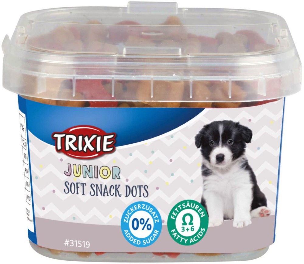 Лакомства за кучета Trixie Junior Soft Snack Dots Лакомства за кучета Trixie Junior Soft Snack Dots - 140 g, с пилешко и сьомга, в подрастваща възраст - храна