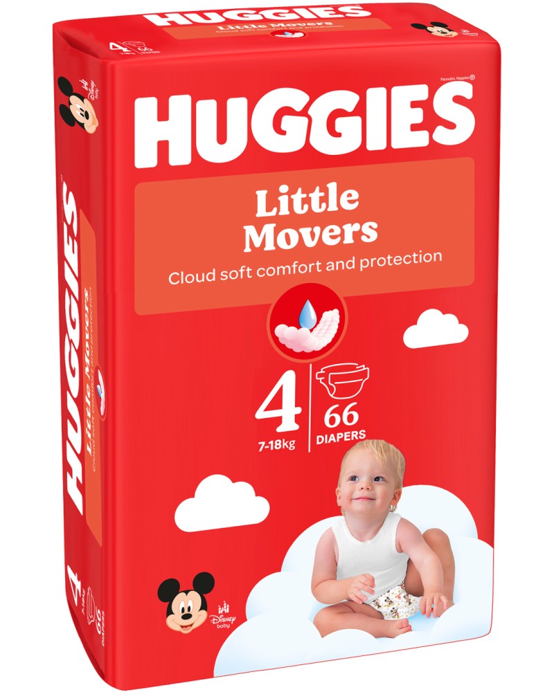 Пелени Huggies Little Movers 4 Пелени Huggies Little Movers 4 - 66 броя, за бебета 7-18 kg, на тема Мики Маус и приятели - продукт