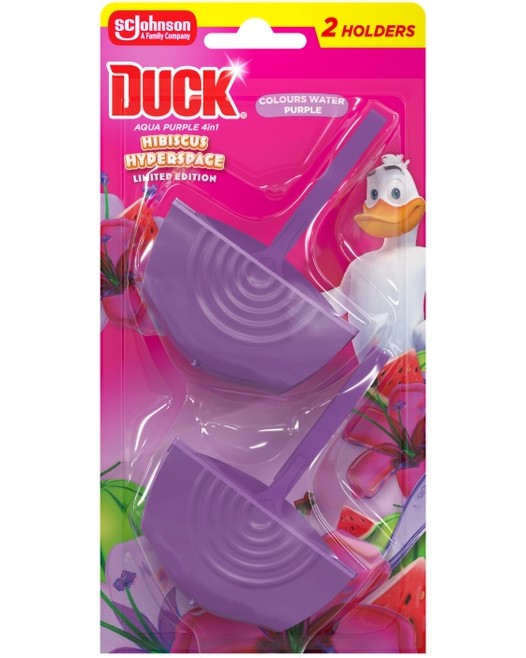 Тоалетно блокче Duck Aqua Purple 4 in 1 Тоалетно блокче Duck Aqua Purple 4 in 1 - 2 броя, с аромат на хибискус - продукт