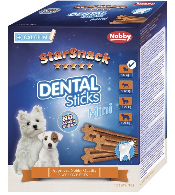 Дентални пръчици за кучета Nobby Dental Sticks Mini Дентални пръчици за кучета Nobby Dental Sticks Mini - 4 пакета x 7 броя, от серията StarSnack, над 2 месеца, до 6 kg - храна