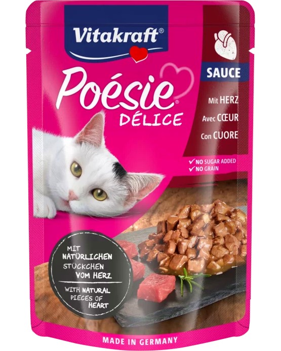 Пауч за котки Vitakraft Delice Пауч за котки Vitakraft Delice - 85 g, с парченца от сърца, от серията Poesie - храна