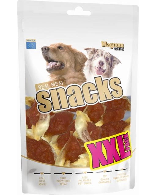 Лакомства за кучета Magnum Real Meat Snacks XXL Pack Лакомства за кучета Magnum Real Meat Snacks XXL Pack - 400 g, със заешко и пилешко - храна
