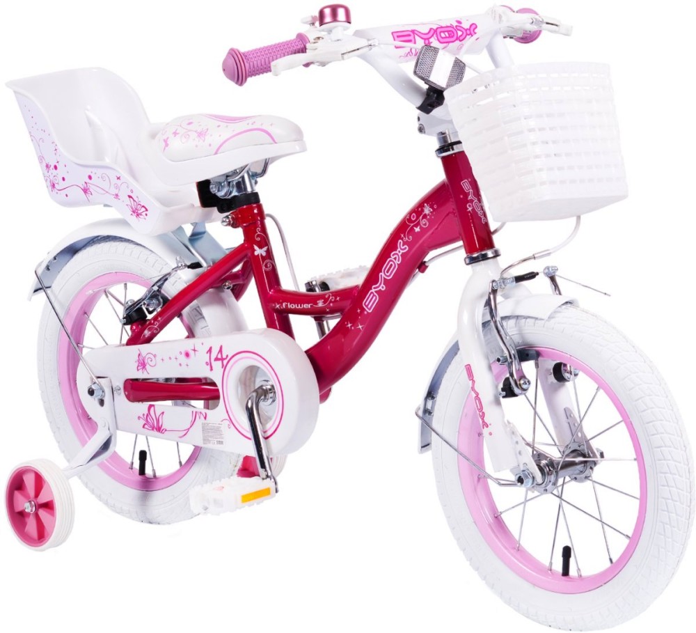 Детски велосипед BYOX - Flower 14" - С помощни колела и аксесоари - 