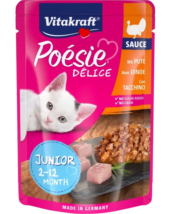 Пауч за котки Vitakraft Delice Junior Пауч за котки Vitakraft Delice Junior - 85 g, с пуешко в сос, от серията Poesie, от 2 до 12 месеца - храна