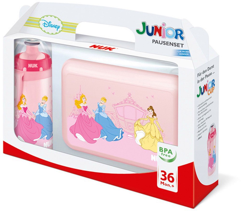 Детски комплект за хранене NUK - Кутия за храна и бутилка, на тема Принцесите на Дисни, 36+ м - продукт