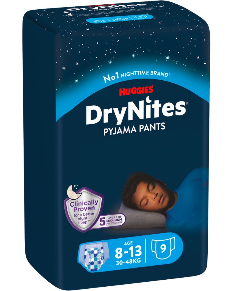 Гащи Huggies DryNites Pyjama Pants Boys 8-13 Гащи Huggies DryNites Pyjama Pants Boys 8-13 - 9 броя, за деца 30-48 kg - продукт
