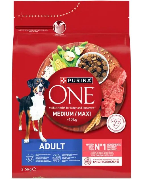 Суха храна за кучета Purina ONE Medium & Maxi Adult Суха храна за кучета Purina ONE Medium & Maxi Adult - 2.5 и 7 kg, с говеждо и ориз, за средни и големи породи, в зряла възраст - храна