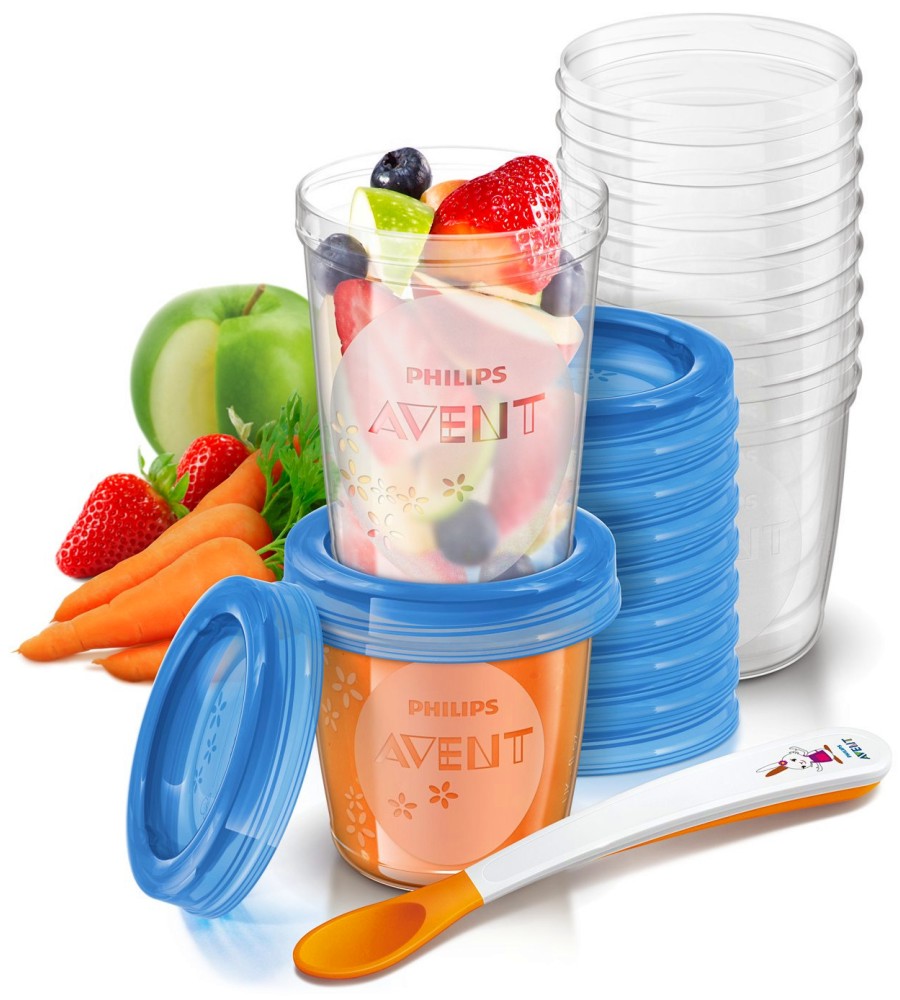 Комплект за съхранение на храна Philips Avent Via Комплект за съхранение на храна Philips Avent Via - 20 контейнера за храна, 20 капачки, лъжичка и рецепти - продукт