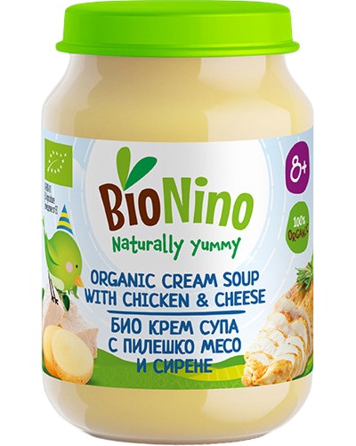 Био крем супа от пилешко и сирене BioNino Био крем супа от пилешко и сирене BioNino - 190 g, за 8+ месеца - продукт